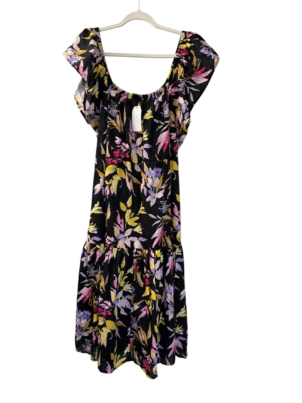 Time and Tru 100% Cotton Floral Tiered Dress XL 16-18 NWT Black Puff Sleeve
